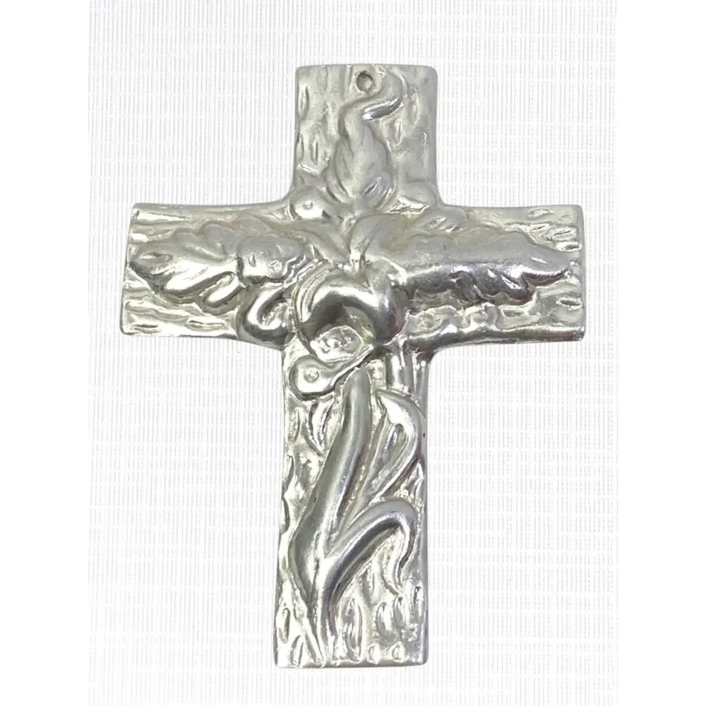 VTG Metal Cross Wall Hanging Silver Tone Christian Decor Art 3D Mexico Ornament
